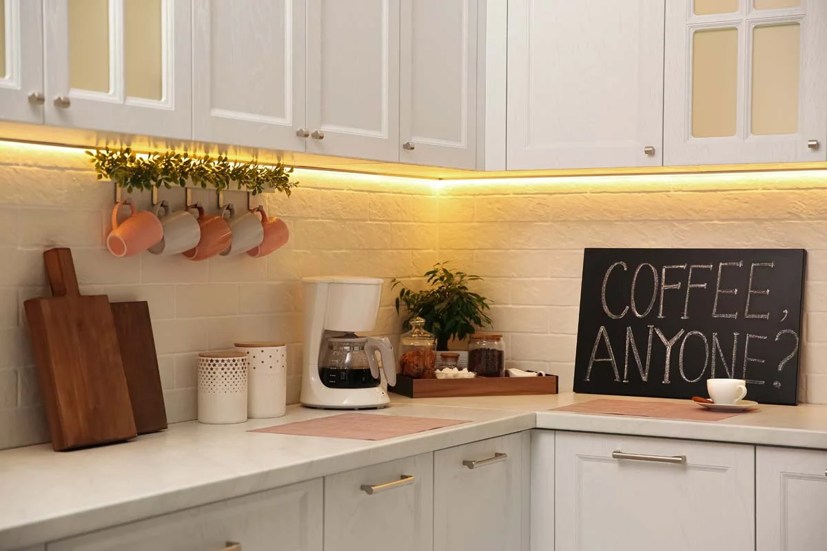 A well-stocked coffee station on a kitchen counter for vacation rental guests