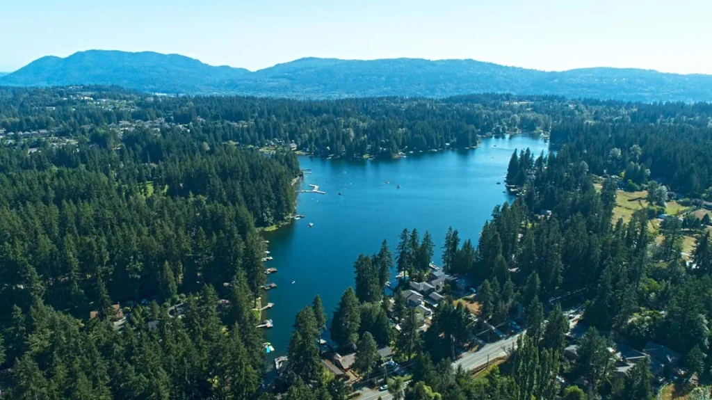 Aerial view of Pine Lake neighborhood in Sammamish, Washington, USA