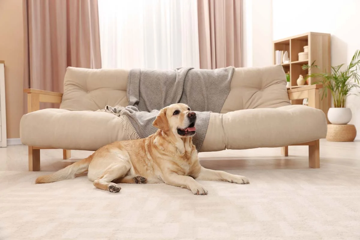 Modern living room interior with a pet-friendly home setup