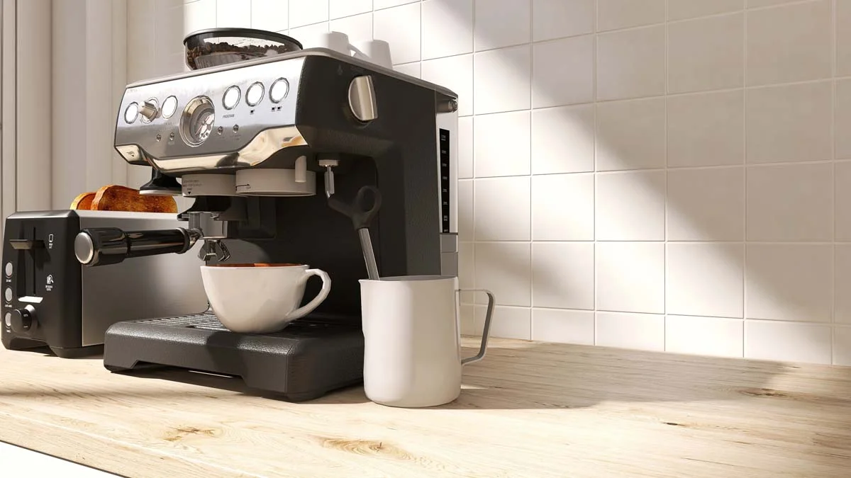 Organized coffee station in an Airbnb kitchen equipped with a coffee maker and fresh supplies