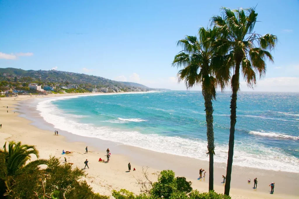 Sunny coastal landscape view of the beach and ocean in Laguna Beach California