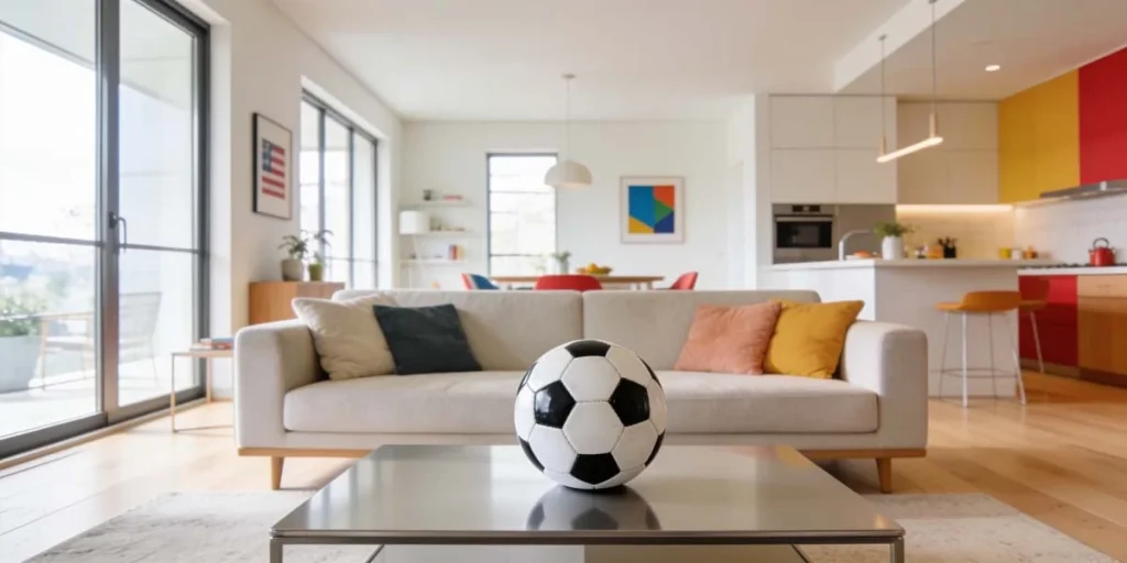 Classic soccer ball on a coffee table inside a modern World Cup accommodation living room