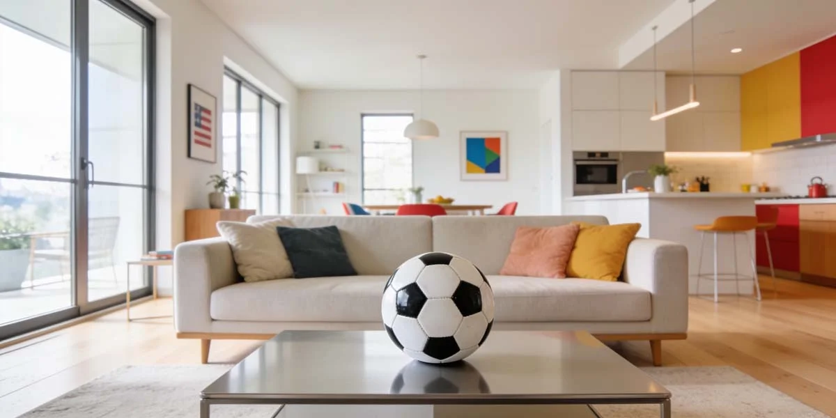 Classic soccer ball on a coffee table inside a modern World Cup accommodation living room