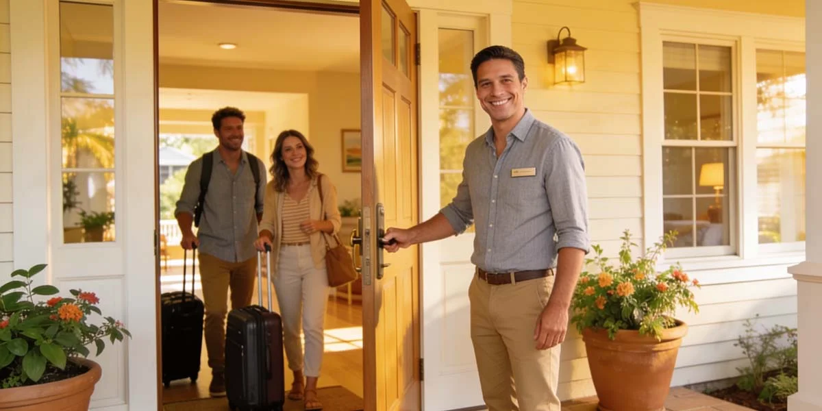 Professional property manager welcoming arriving group travelers into a secure World Cup rental home