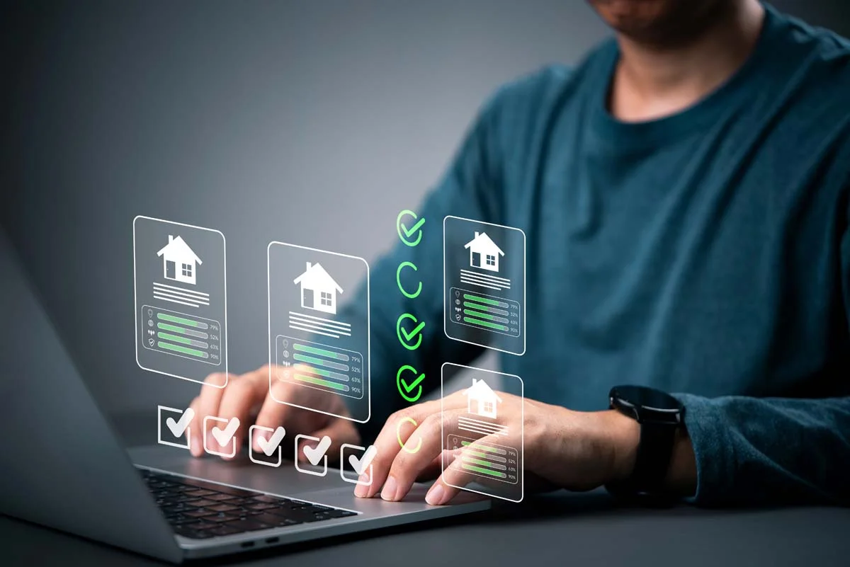 Professional vacation rental manager checking property details on a dashboard.