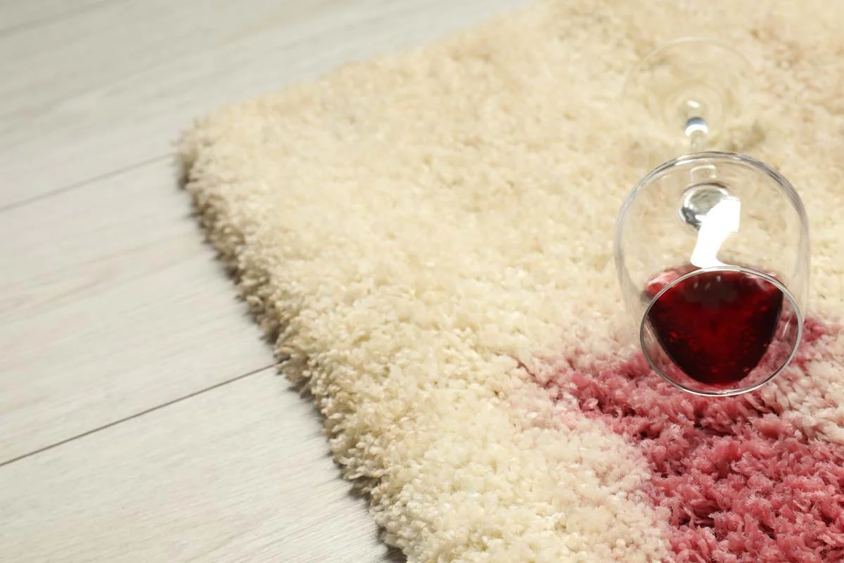 Spilled glass of red wine on a light carpet representing accidental property damage