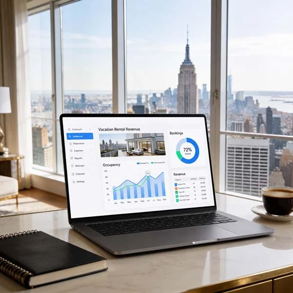A close-up of financial graphs and data trends open on a laptop screen