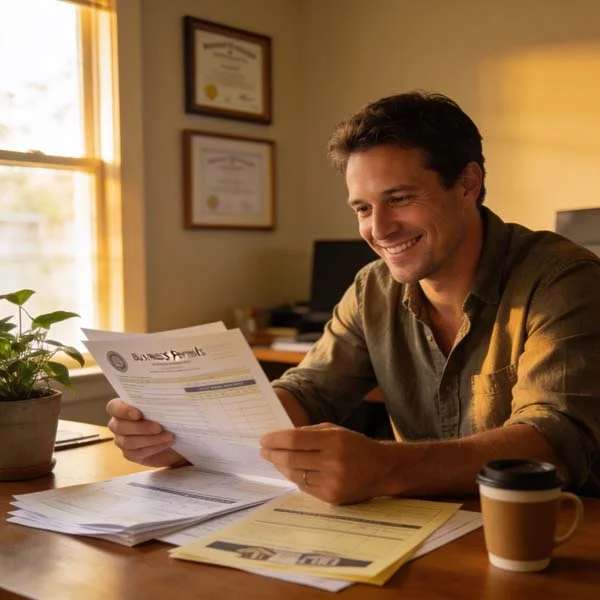 A homeowner checking business documents and permits