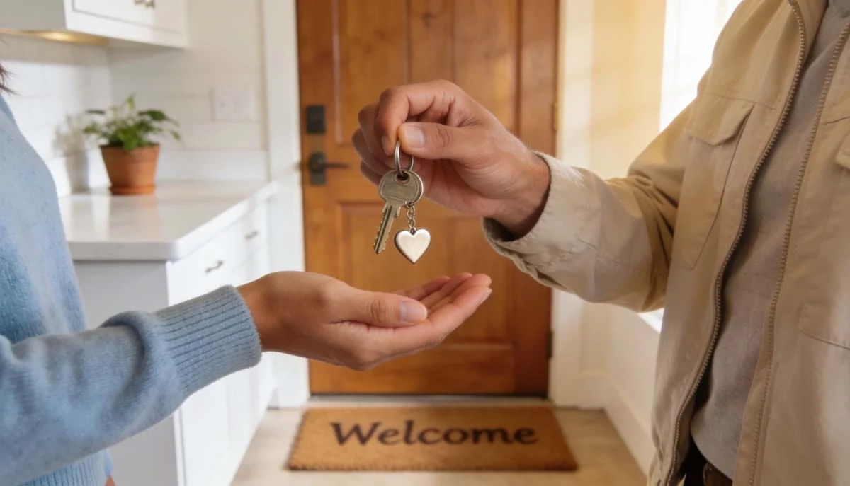 A host handing over house keys to a vacation rental guest