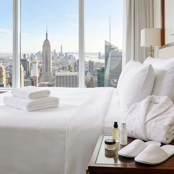 A neatly made bed with white linens and folded towels in a tidy room