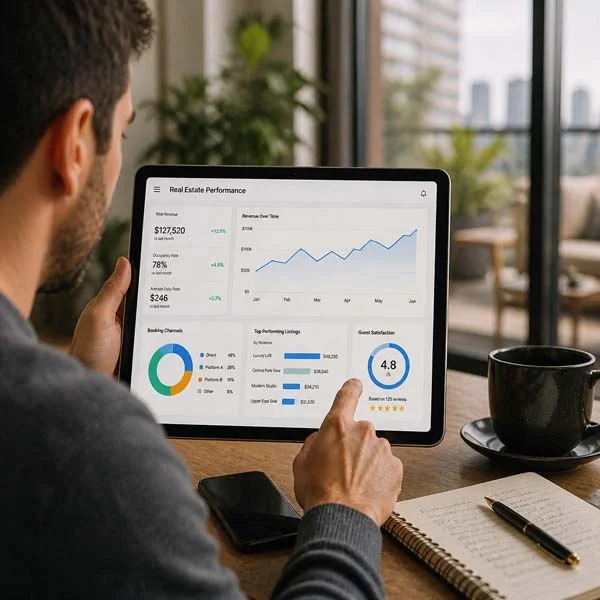 A person viewing a real estate performance dashboard on a tablet