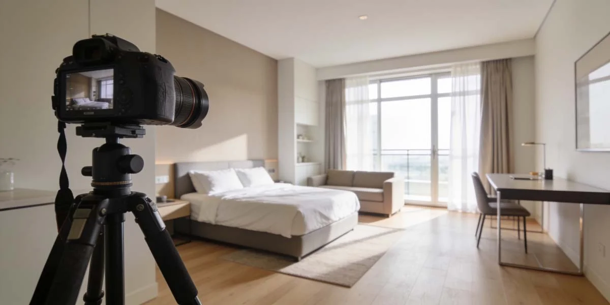 A professional camera on a tripod taking wide-angle interior photography of a clean short-term rental apartment