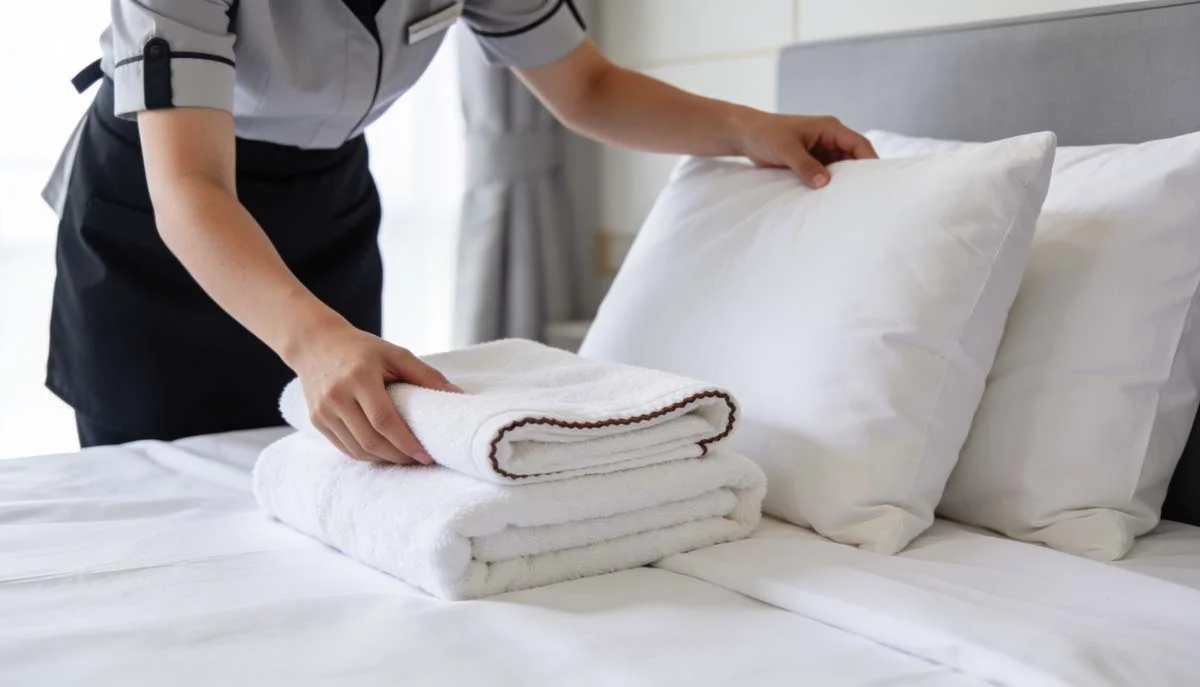 A professional cleaner preparing a short-term rental bedroom for arriving guests