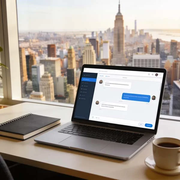 A professional customer service representative typing on a laptop at a desk