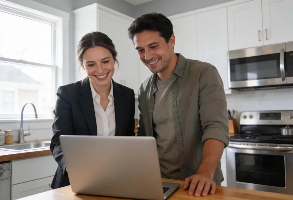 A professional property manager and a happy homeowner looking at a laptop together inside a bright modern kitchen