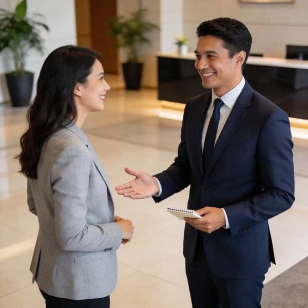 A professional property manager talking to a guest, representing top-tier customer support