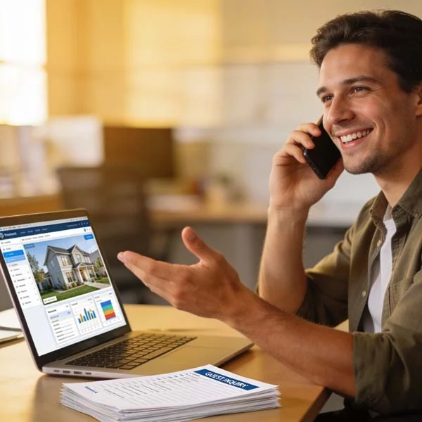 A property manager on a call, attending to guest queries