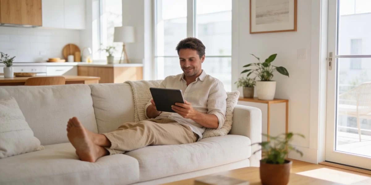 A relaxed property owner using a digital tablet inside a bright modern short-term rental property