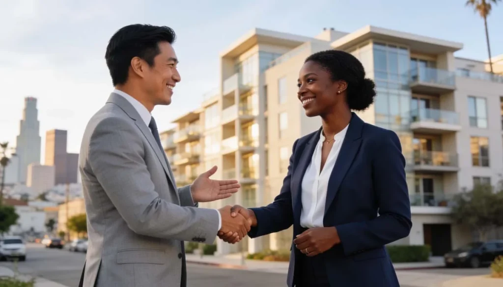 Airbnb property managers shaking hands outside a modern Los Angeles apartment building