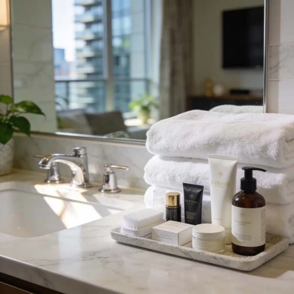 Clean and cozy Airbnb bathroom setup with fresh towels and premium guest amenities inside a modern Vancouver condo