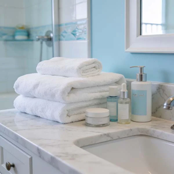 Clean luxury Fort Lauderdale vacation rental bathroom with fresh towels and organized guest amenities
