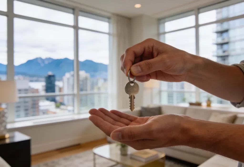 Close-up of a homeowner handing over apartment keys inside a modern Vancouver rental property with blurred city and mountain backdrop
