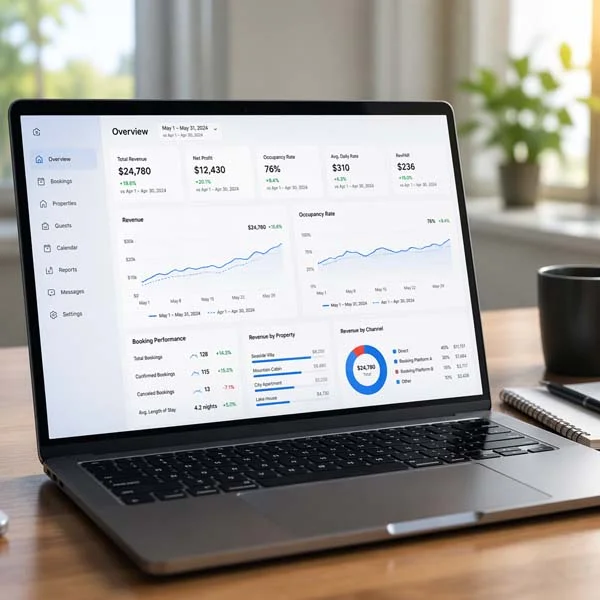 Close-up of a laptop screen displaying upward-trending revenue charts and successful occupancy data