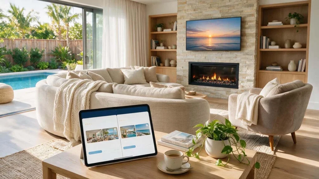 Comparing Vrbo vs Expedia travel booking apps on a tablet inside a modern vacation home