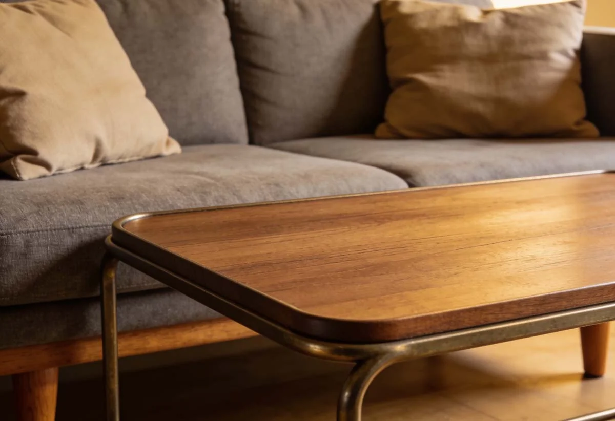 Durable vacation home furniture including a scratch resistant coffee table and fabric sofa