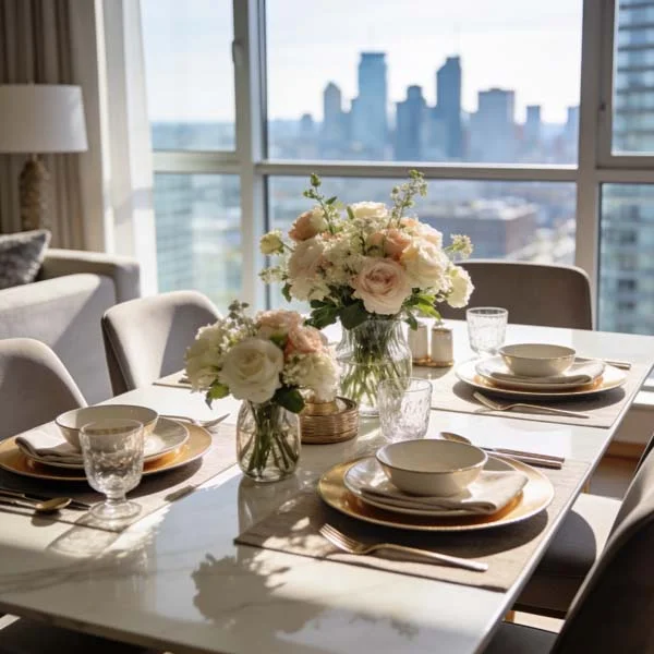 Elegant dining area staged for Airbnb guests with floral centerpiece, natural sunlight, and upscale condo interior in Mississauga