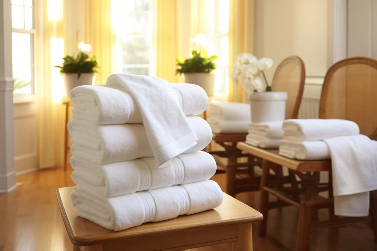 Freshly folded bath towels and toiletries prepared for guest arrival through professional housekeeping coordination