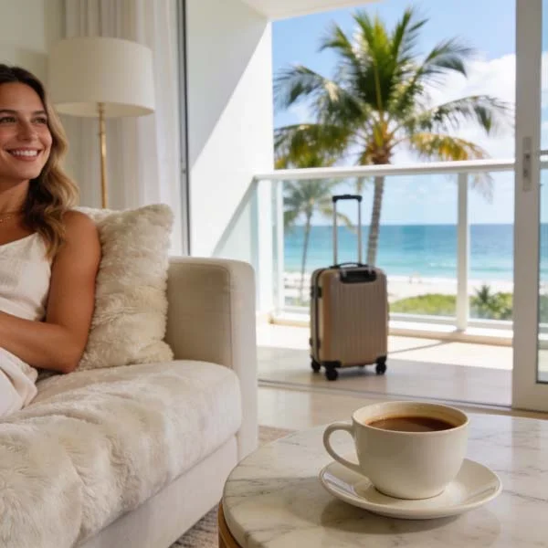 Happy Airbnb guest relaxing inside a bright Miami beachfront condo with ocean view and coffee table setup