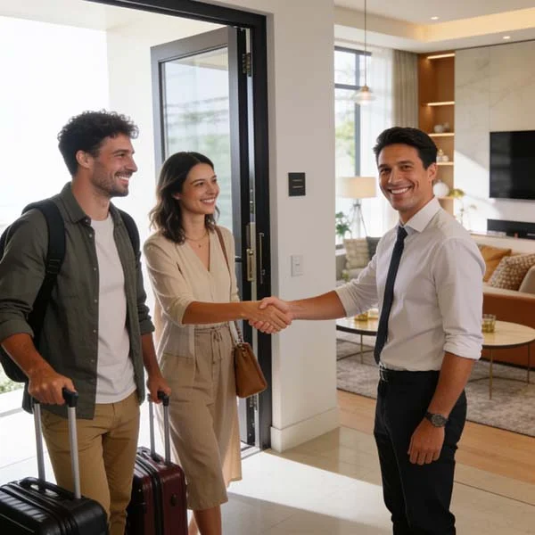 Happy Airbnb guests checking into a modern Los Angeles rental property