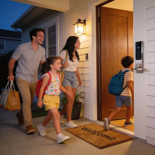 Happy family of travelers with luggage easily unlocking the front door of a vacation rental