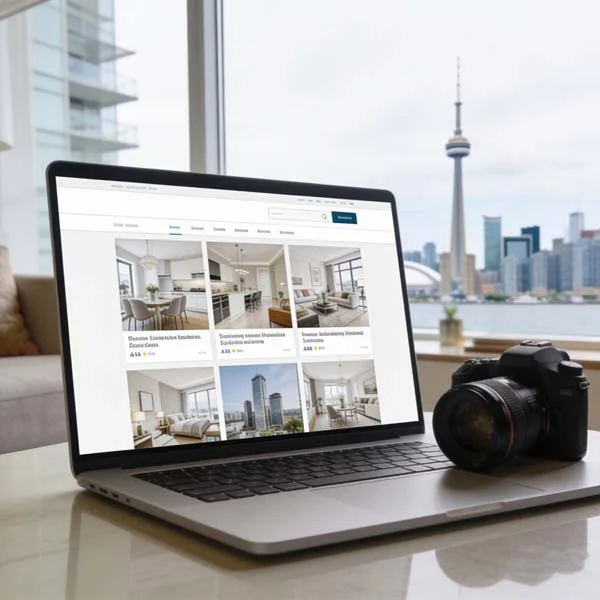 Laptop displaying a luxury rental listing beside a camera with Toronto skyline views