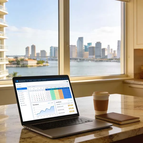 Laptop displaying vacation rental pricing analytics inside a Fort Lauderdale waterfront condo