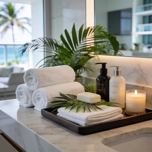 Luxury Airbnb bathroom setup with rolled white towels, premium guest amenities, and tropical Miami decor
