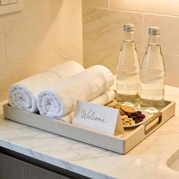 Luxury Airbnb welcome setup with rolled towels, bottled water, snacks, and personalized guest amenities on marble bathroom counters