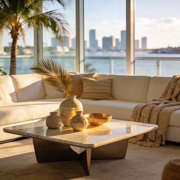 Luxury Miami living room interior with modern coastal decor, warm sunlight, and waterfront condo views