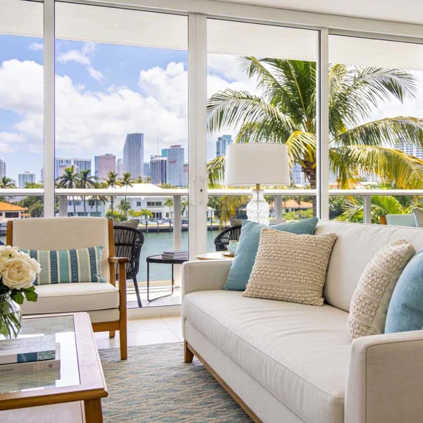 Modern Fort Lauderdale vacation rental living room with coastal decor and palm tree city views