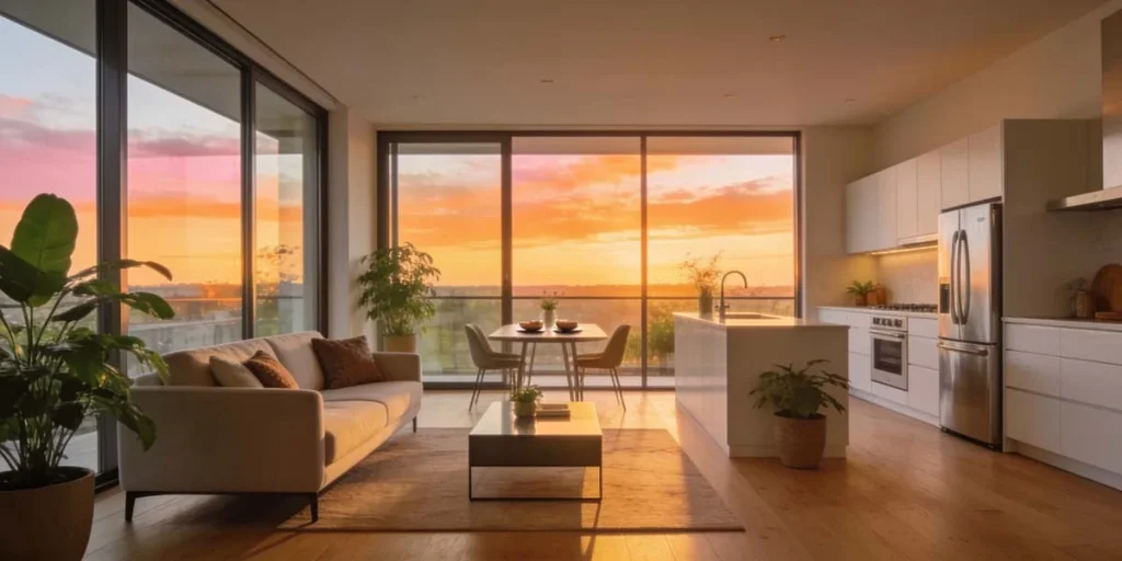 Modern vacation rental home interior with large glass windows illuminated during a clear golden hour sunset