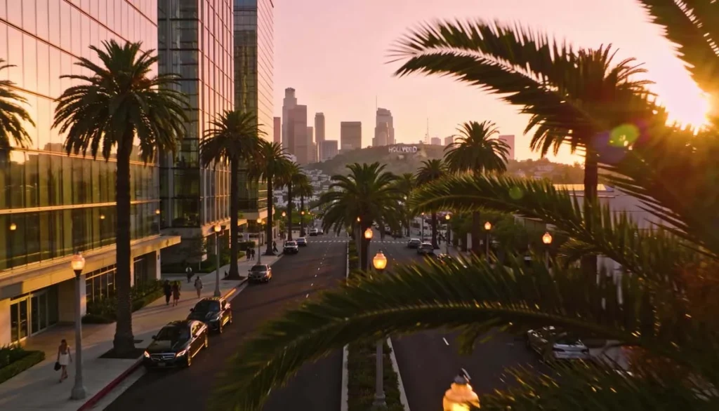 Palm tree-lined Los Angeles boulevard during golden hour with city skyline views