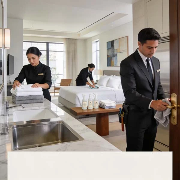 Professional Airbnb cleaning and maintenance team preparing a luxury rental