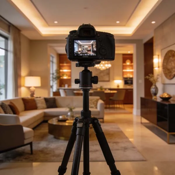 Professional camera setup on a tripod photographing a beautifully designed property interior