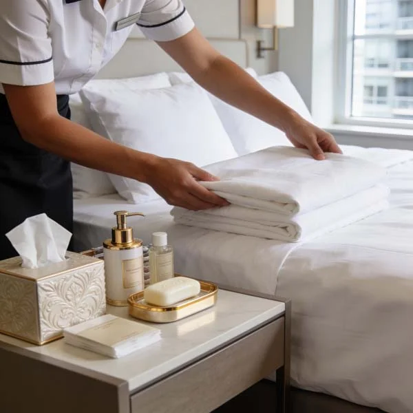 Professional housekeeping staff preparing a luxury Airbnb bedroom with fresh linens, guest toiletries, and hotel-style cleanliness in Mississauga condo