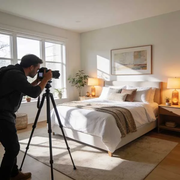 Professional photographer setting up a camera to take high-quality listing photos of a short-term rental bedroom