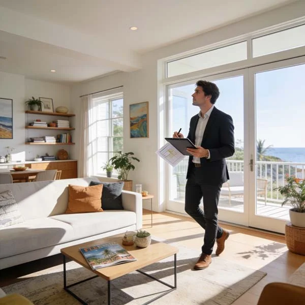 Property expert evaluating a bright vacation rental living room
