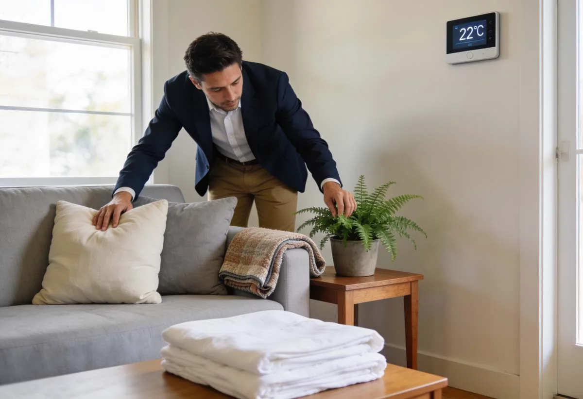 Property manager preparing a short term rental living room between guest arrivals