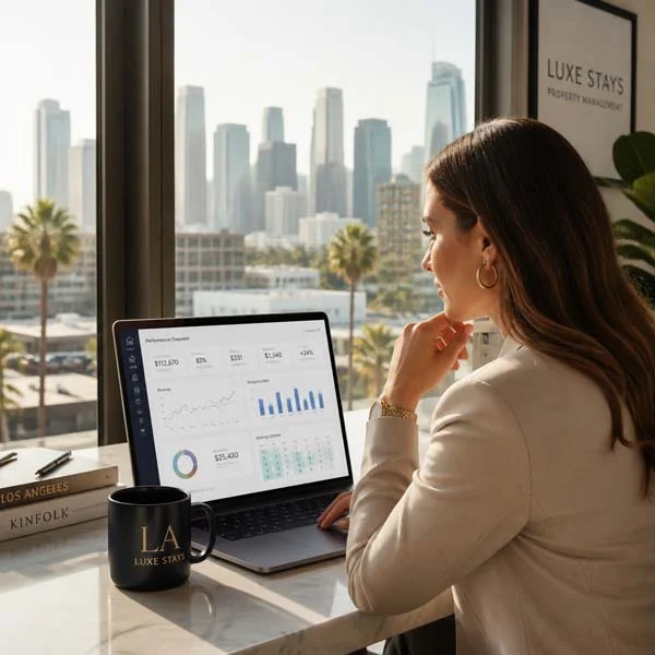 Property manager reviewing Airbnb revenue and booking analytics in Los Angele