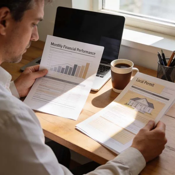 Property owner reviewing monthly financial performance and local permit documents